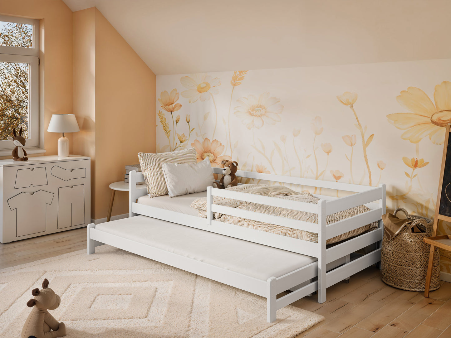 Kinderbett 90x200 mit zwei Schubladen, Rausfallschutz und Lattenrost, Vollholz massiv in weiss, Kinderbett Doppelbett Funktionsbett, optional Ausziehbett 90x190, optional Matratze