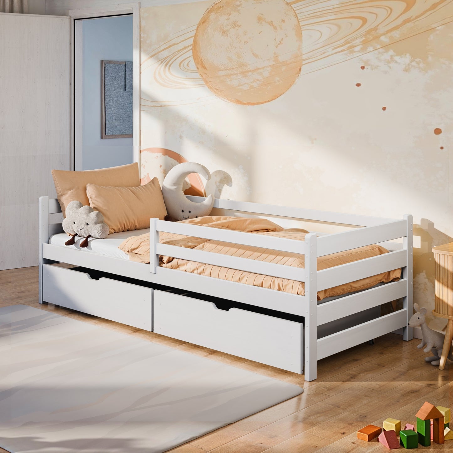 Kinderbett 90x200 mit zwei Schubladen, Rausfallschutz und Lattenrost, Vollholz massiv in weiss, Kinderbett Doppelbett Funktionsbett, optional Ausziehbett 90x190, optional Matratze