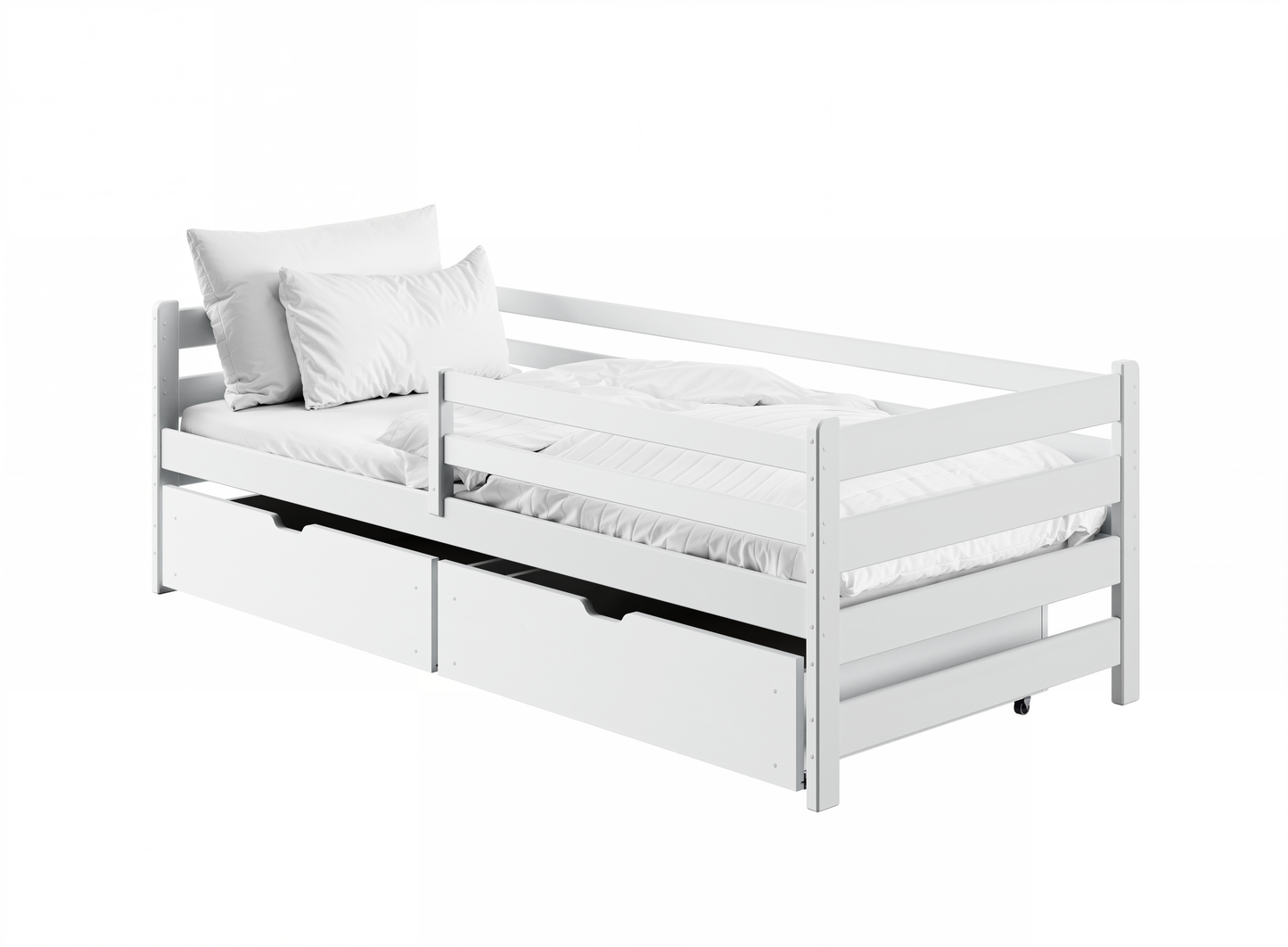 Kinderbett 90x200 mit zwei Schubladen, Rausfallschutz und Lattenrost, Vollholz massiv in weiss, Kinderbett Doppelbett Funktionsbett, optional Ausziehbett 90x190, optional Matratze