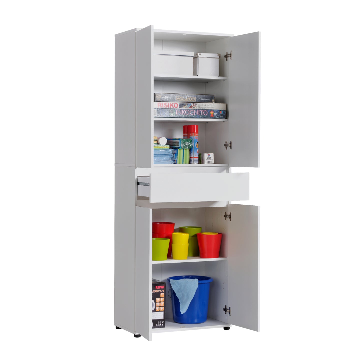 Schrank 60 cm breit mit 4 Türen & Schublade | Vielseitiger Aufbewahrungsschrank Mehrzweckschrank mit 3 Einlegeböden | Schmaler Schrank für Haushalt, Büro, Flur, Schlafzimmer | 64x34x180 cm (BxTxH) | Weiß