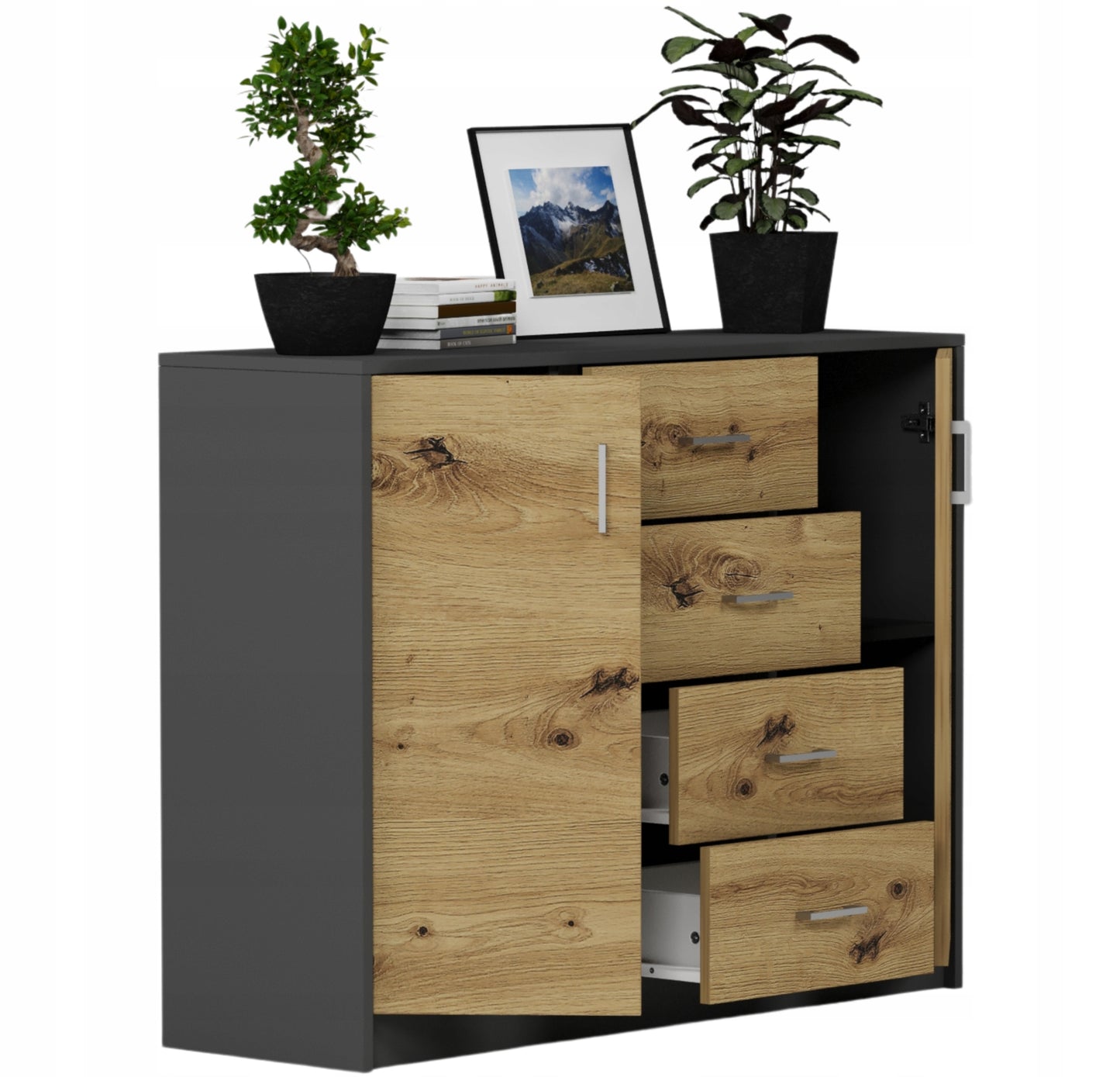 Kommode Flur, Kommoden, Schlafzimmer Kommode | Mit 2 Türen & 4 Schubladen | Hochwertig & Funktional | 110x35x85 cm (BxTxH)