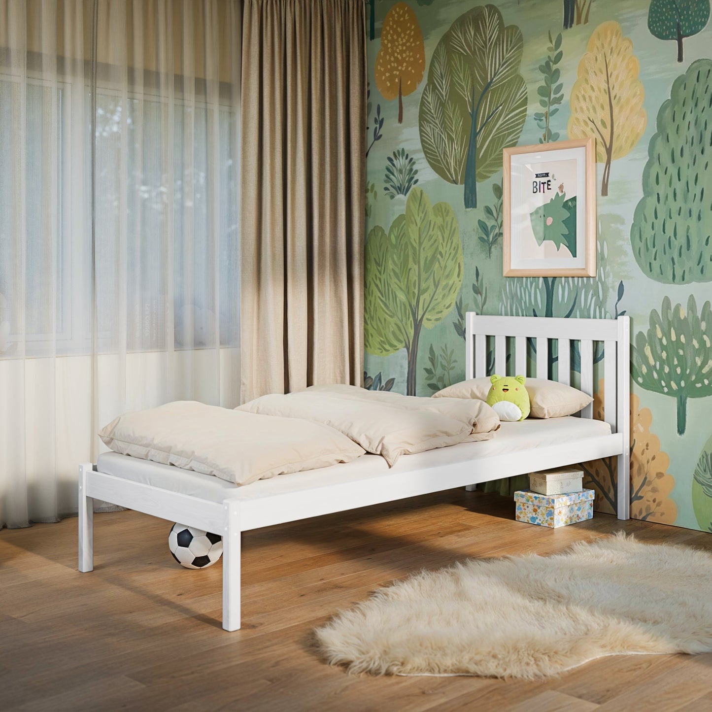 Kinderbett 90x200 mit Lattenrost und optionaler Matratze, Massivholz weiß, Einzelbett für Kinder & Jugendliche, modernes Design