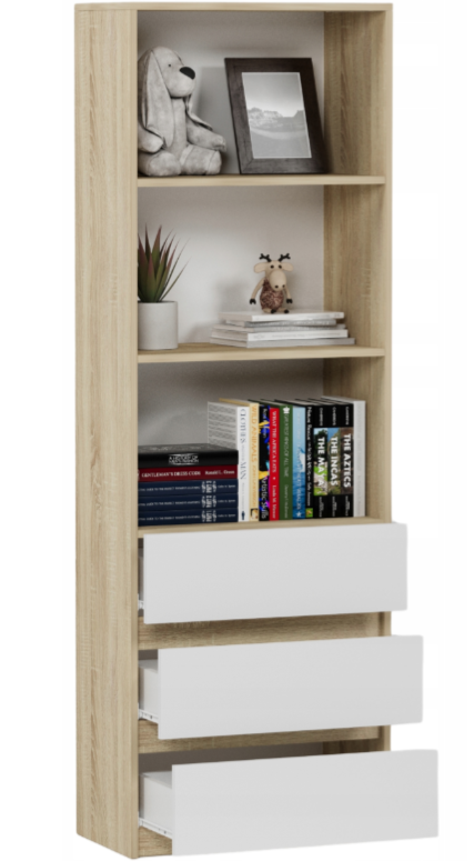 Bücherregal, Holzregal, Regale | Mit 3 Schubladen & 2 Einlegeböden | Stabil & pflegeleicht | 60x33x180 cm (BxTxH)