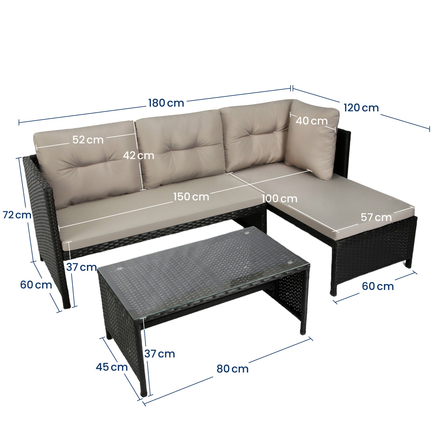Gartenmöbel Set Lounge Möbel Outdoor Gartenlounge Outdoor Gartenmöbel Gartenlounge Set | Mit Couchtisch & gemütlichen Polstern | Für Terrasse, Balkon oder Garten | 180x120x72 cm (BxTxH) | Dunkelgrau