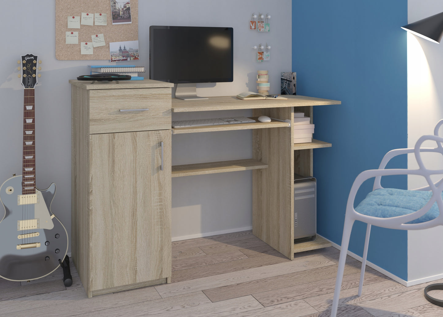 Büro schreibtisch, Schreibtisch mit Schublade, Computertisch | 1 Schublade, 1 Tür, Tastaturablage, PC-Fach | 120x50x76 cm (BxTxH)