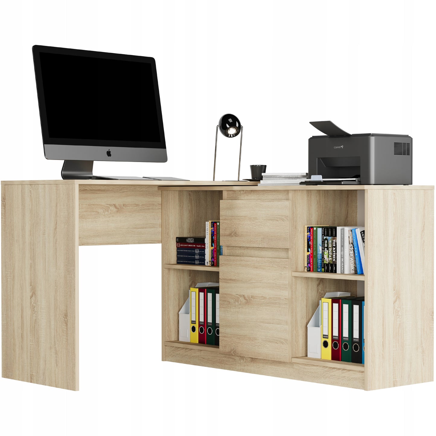 Eckschreibtisch mit Stauraum, Ecktisch, Schreibtisch L-Form | 2 Einlegeböden, 1 Tür, 1 Schublade | 120x120x79 cm (BxTxH)