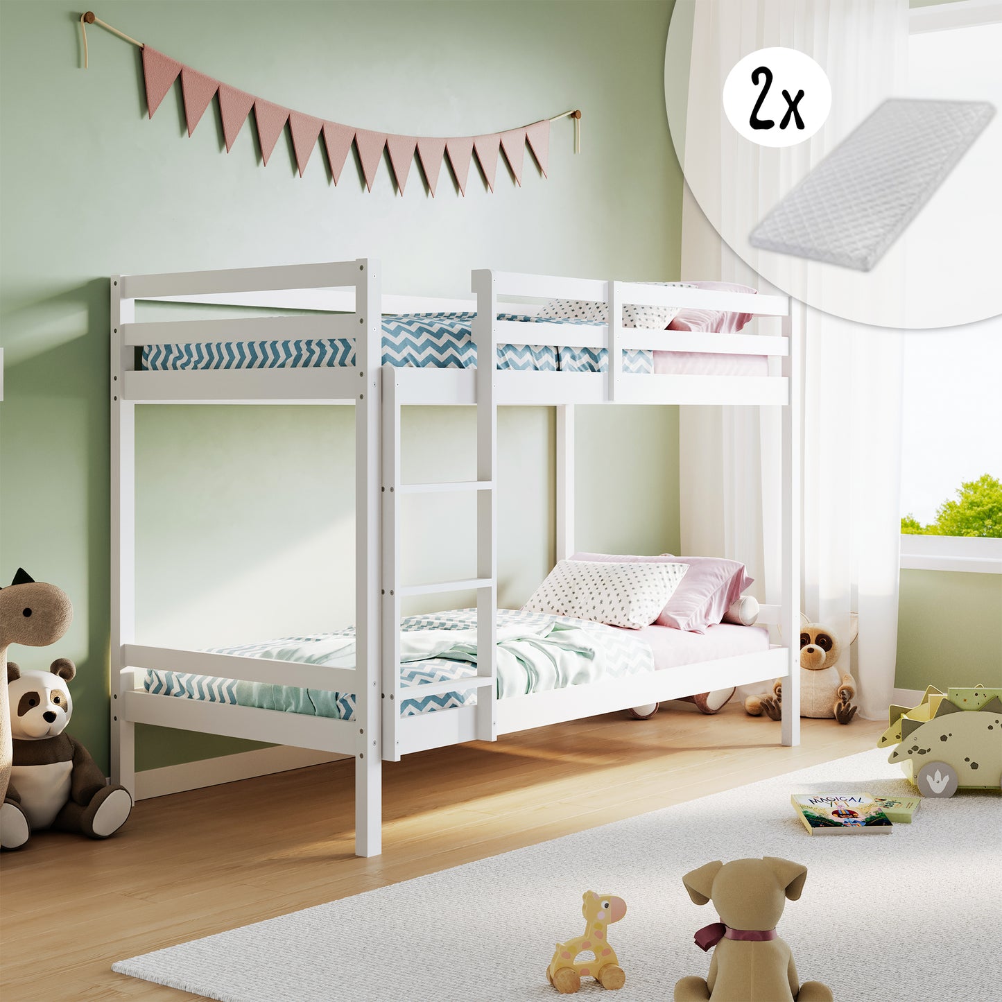 Hochbett, Etagenbett, Hochbett 90x200 | Kinderbett mit optional großem 140x200 cm Bett unten, EN 747-zertifiziert, platzsparendes & sicheres | stabiles & robustes Stockbett | Weiß