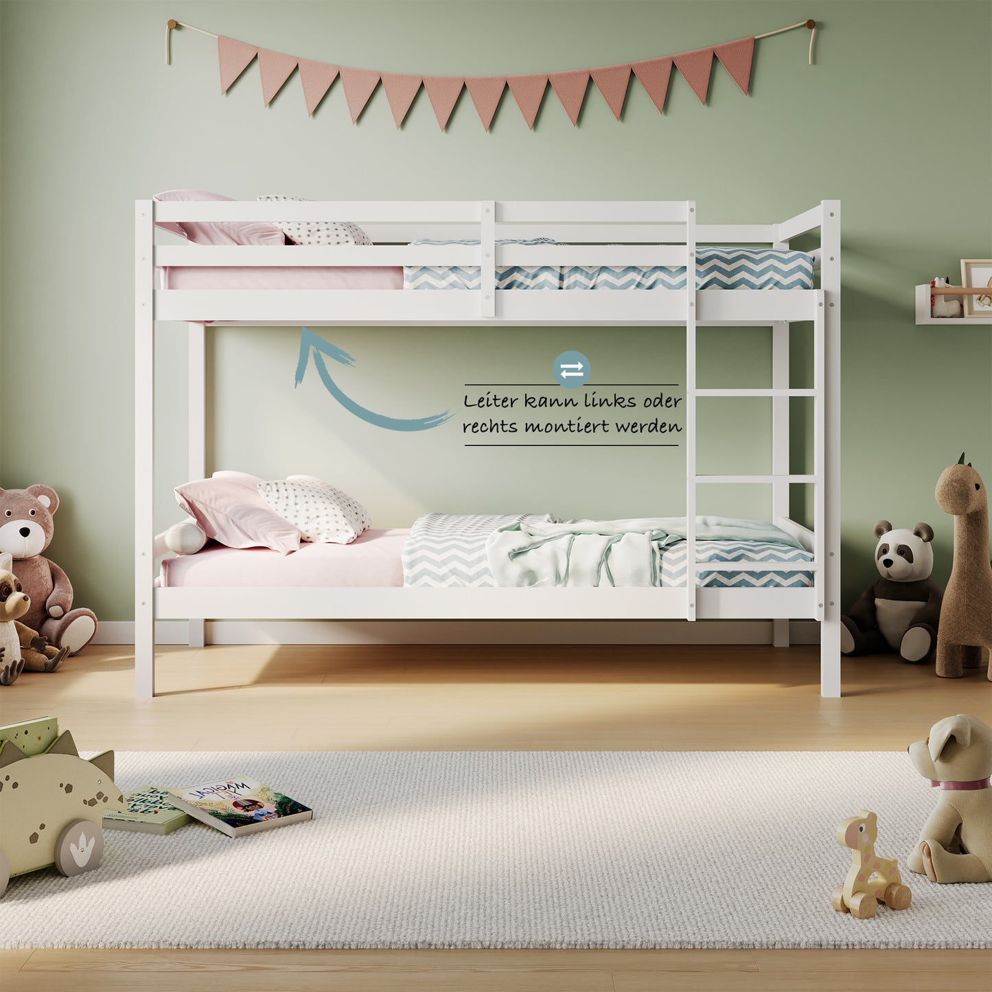 Hochbett, Etagenbett, Hochbett 90x200 | Kinderbett mit optional großem 140x200 cm Bett unten, EN 747-zertifiziert, platzsparendes & sicheres | stabiles & robustes Stockbett | Weiß