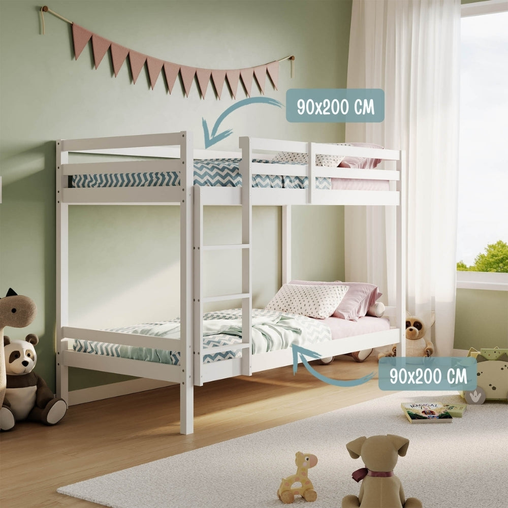 Hochbett, Etagenbett, Hochbett 90x200 | Kinderbett mit optional großem 140x200 cm Bett unten, EN 747-zertifiziert, platzsparendes & sicheres | stabiles & robustes Stockbett | Weiß