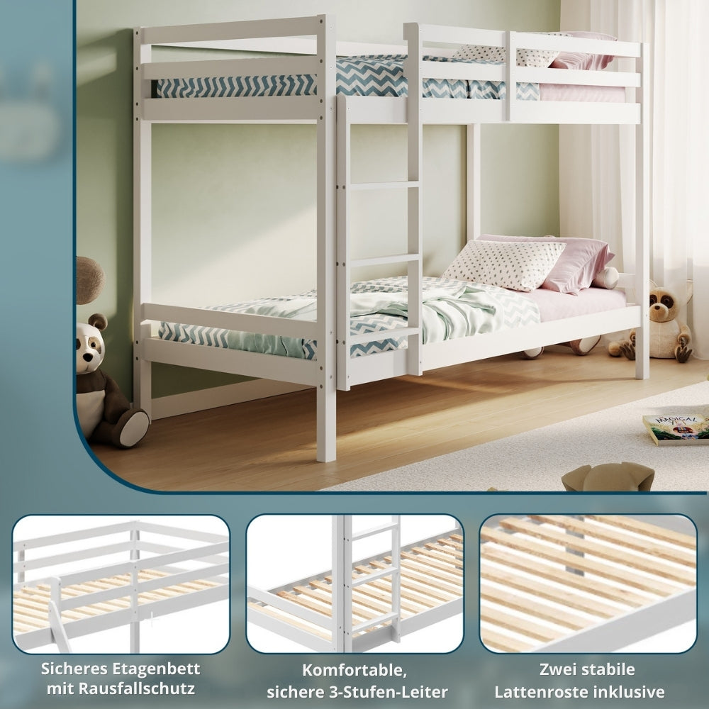 Hochbett, Etagenbett, Hochbett 90x200 | Kinderbett mit optional großem 140x200 cm Bett unten, EN 747-zertifiziert, platzsparendes & sicheres | stabiles & robustes Stockbett | Weiß