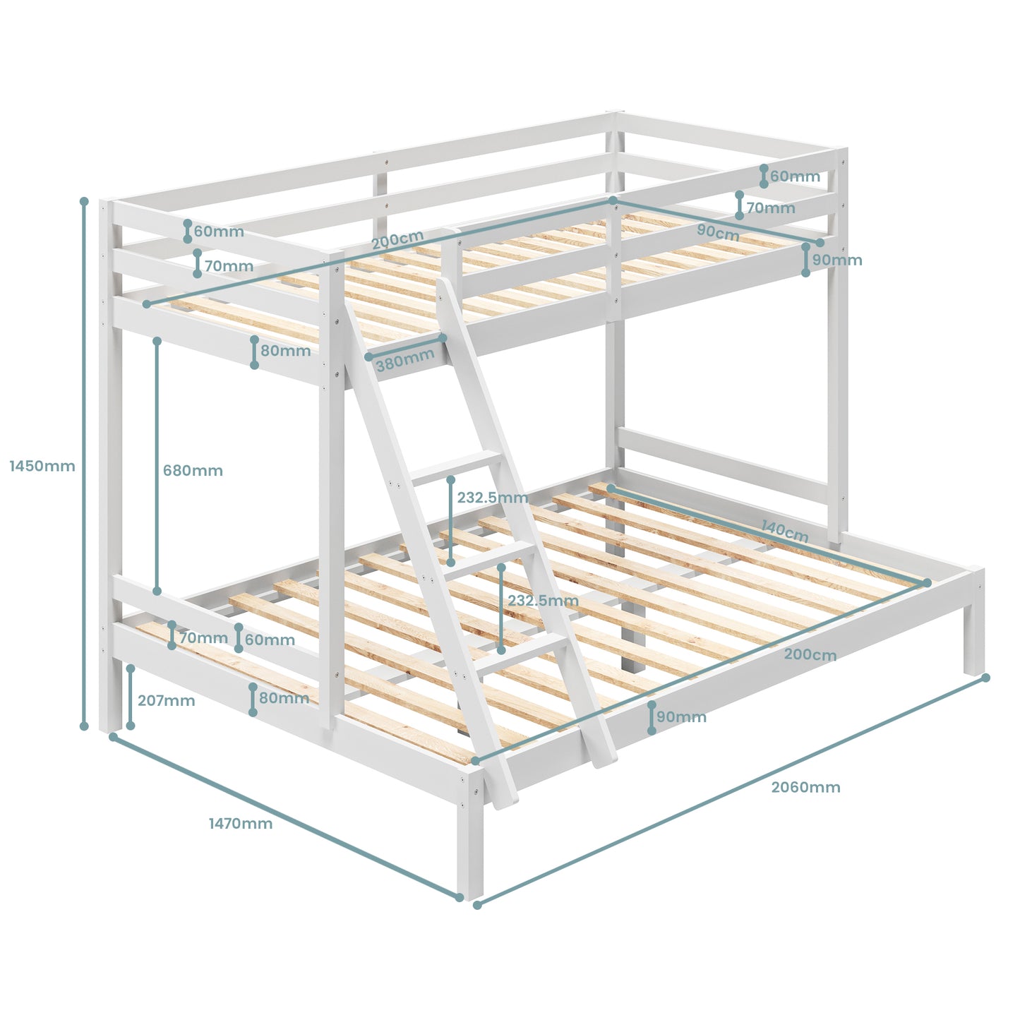 Hochbett, Etagenbett, Hochbett 90x200 | Kinderbett mit optional großem 140x200 cm Bett unten, EN 747-zertifiziert, platzsparendes & sicheres | stabiles & robustes Stockbett | Weiß