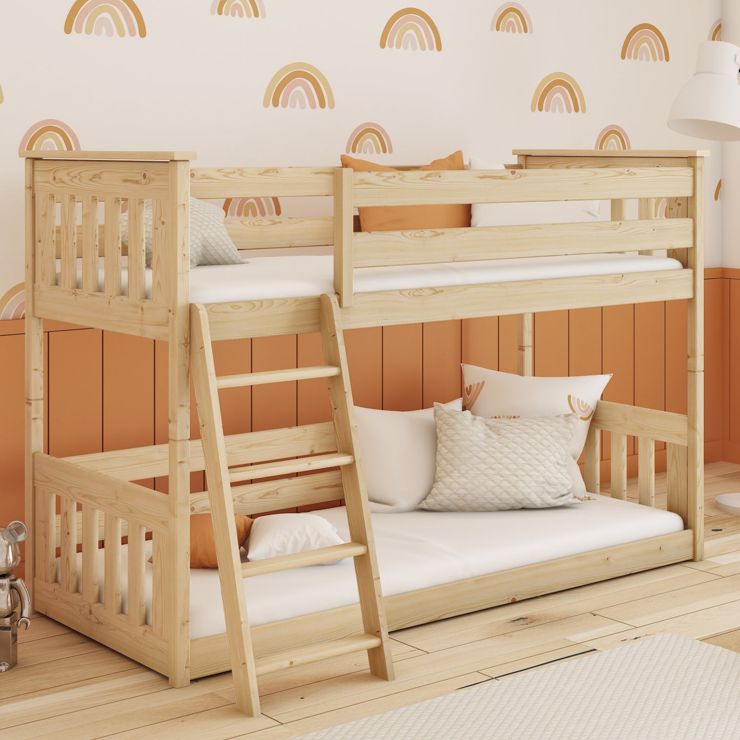 Hochbett 90x200 cm mit Matratze (optional) Rausfallschutz & zwei Lattenroste in weiß und natur Mädchen Jungen Bett Kinderbett Jugendbett 200x90 cm