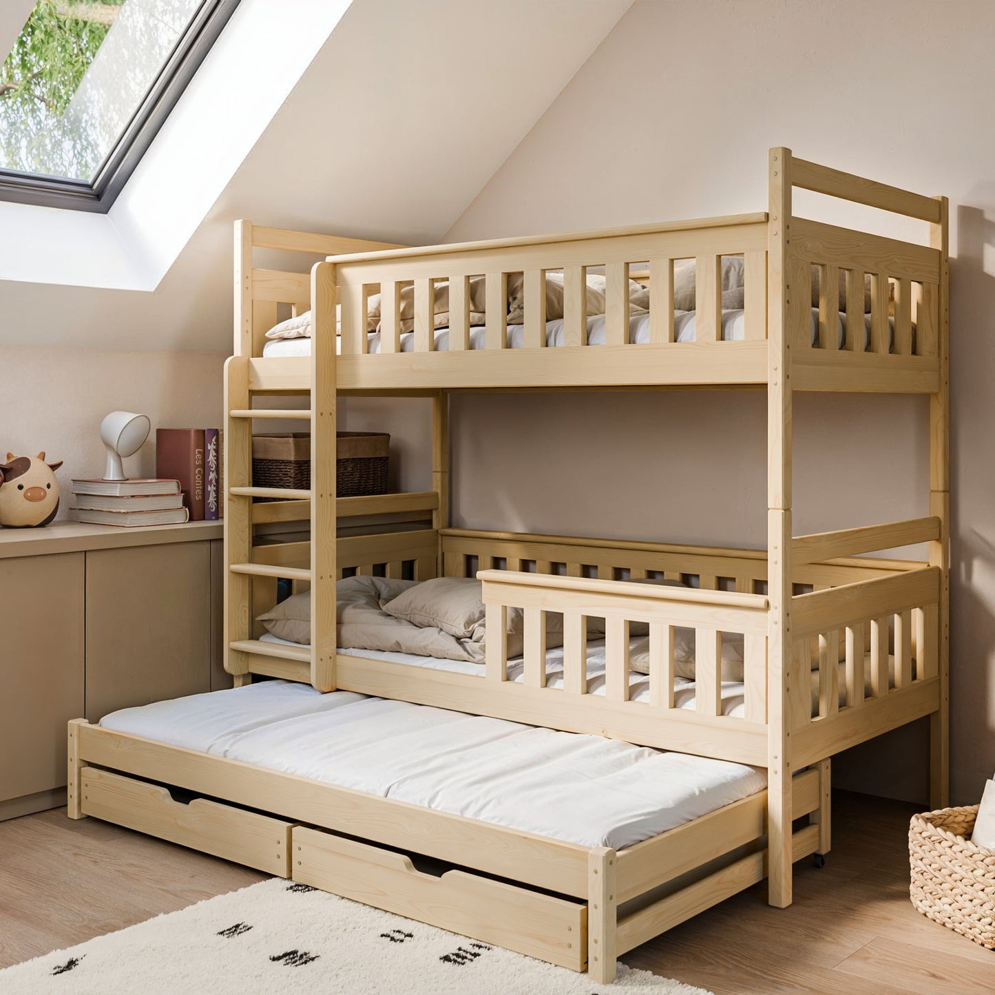 Hochbett 90x200 mit Ausziehbett und drei Matratzen (optional) Etagenbett mit Ausziehfunktion, zwei Schubladen, Lattenrost, Rausfallschutz, umbaubar in drei Einzelbetten, Vollholz massiv in weiss
