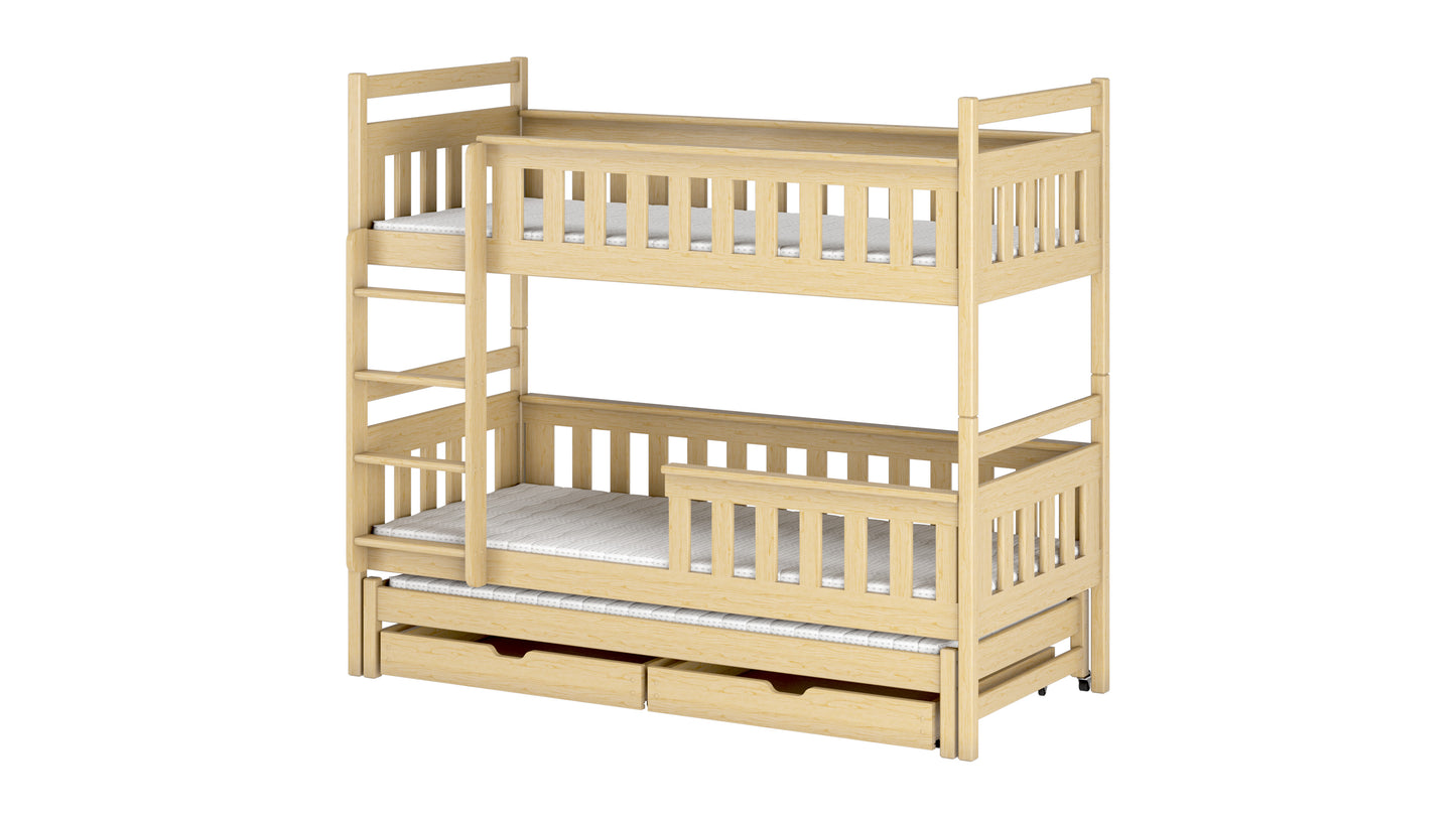 Hochbett 90x200 mit Ausziehbett und drei Matratzen (optional) Etagenbett mit Ausziehfunktion, zwei Schubladen, Lattenrost, Rausfallschutz, umbaubar in drei Einzelbetten, Vollholz massiv in weiss
