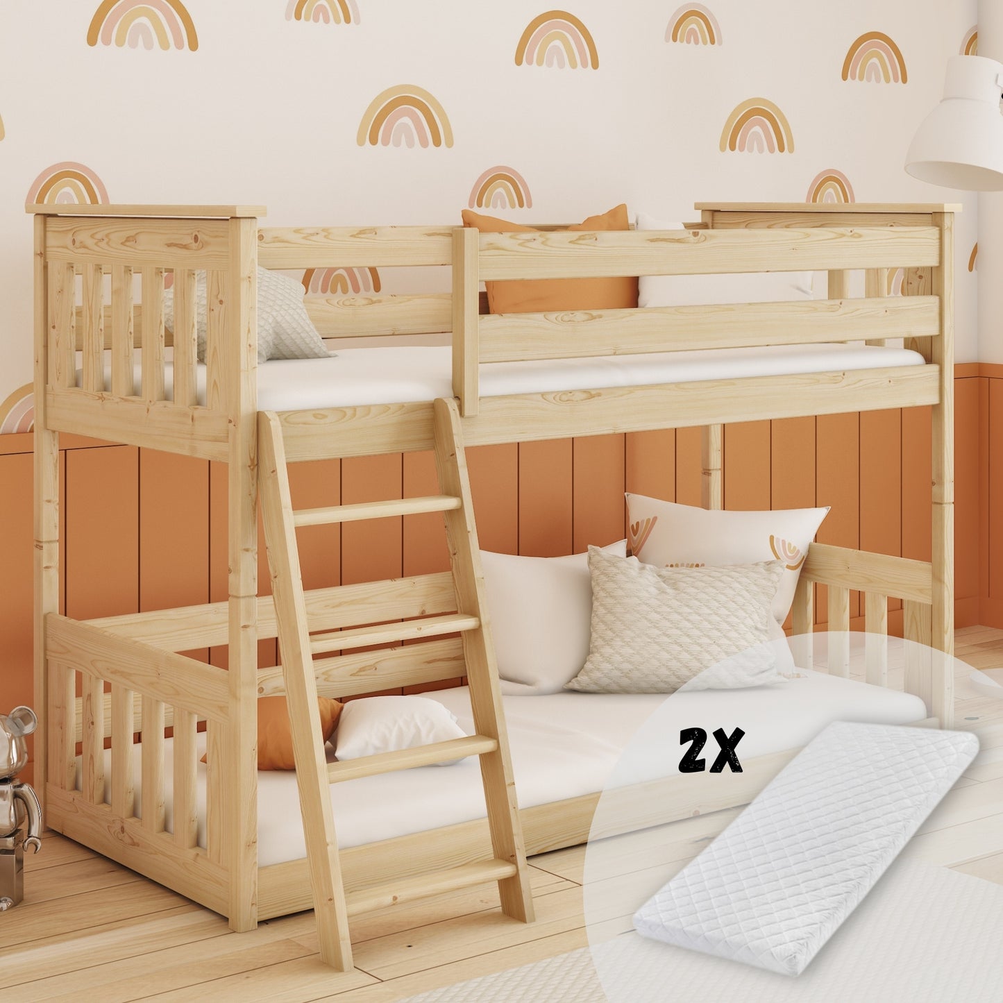 Hochbett 90x200 cm mit Matratze (optional) Rausfallschutz & zwei Lattenroste in weiß und natur Mädchen Jungen Bett Kinderbett Jugendbett 200x90 cm