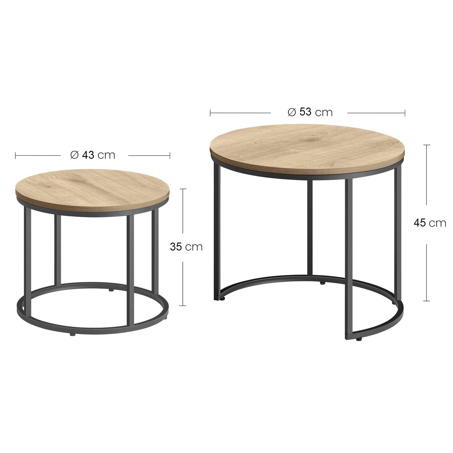 Table basse lot de 2 tables d'appoint rondes design loft 2 en 1 surface emboîtable résistante aux rayures, salon | 53cm et 43cm de large