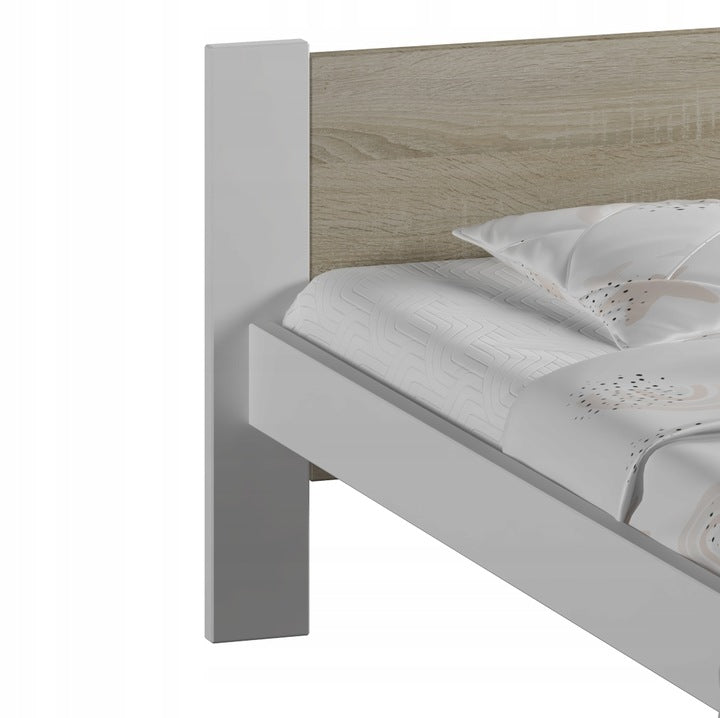 Bett aus Massivholz Kiefer & Möbelplatte | mit gesundheitlich unbedenklichen Lacken & verstärkter Konstruktion | Weiß mit Sonoma Eiche