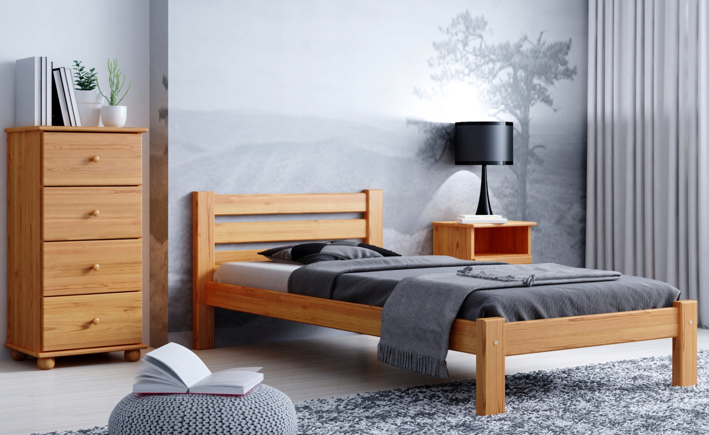 Holzbett, Bettrahmen, Einzelbett Einzelbett aus Massivholz Kiefer, mit stabiler Konstruktion und dicken Beinen| Stabil & Langlebig