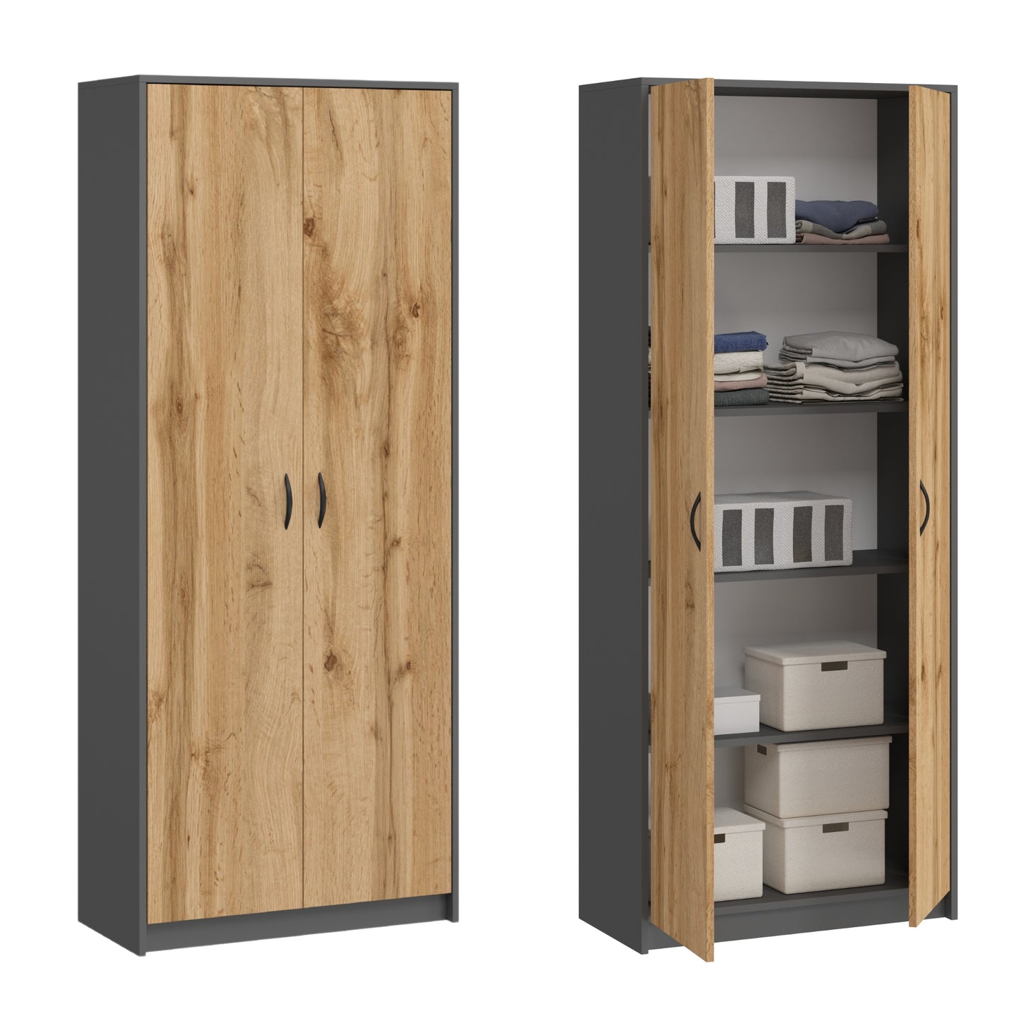 Schrank Mehrzweckschrank mit SOFT CLOSE Türdämpfer (optional) weiß 74cm Breite 180cm Höhe mit vier oder sechs Einlegeböden, Aktenschrank Haushaltsschrank Organizer aus MDF Holz