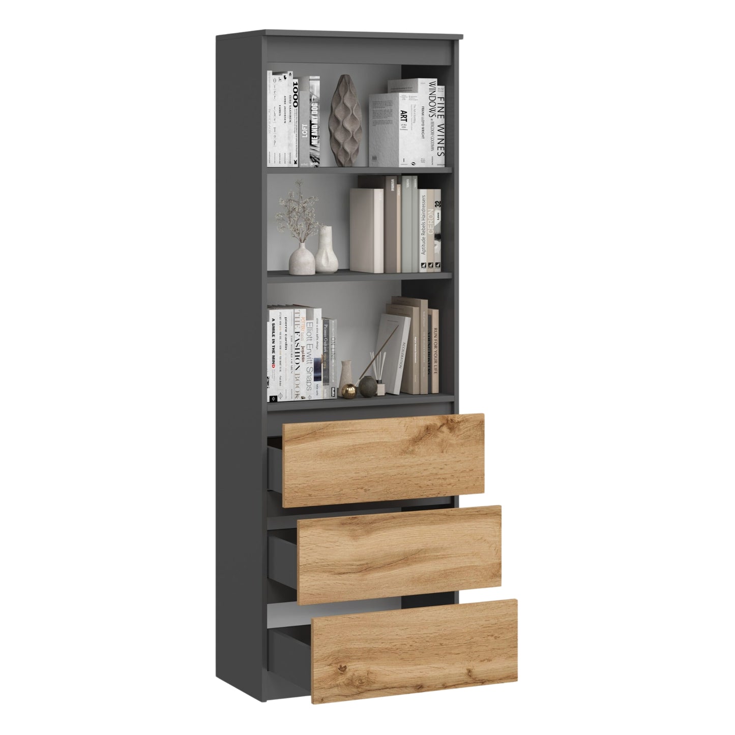 Aktenregal Standregal mit 3 Schubladen und 3 offenen Fächern 60 cm, hoher Schubladenschrank aus MDF Holz | 60x35x180 cm (BxTxH)