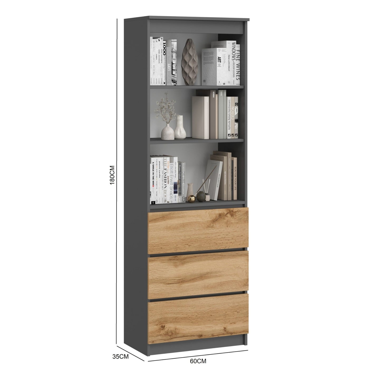 Aktenregal Standregal mit 3 Schubladen und 3 offenen Fächern 60 cm, hoher Schubladenschrank aus MDF Holz | 60x35x180 cm (BxTxH)