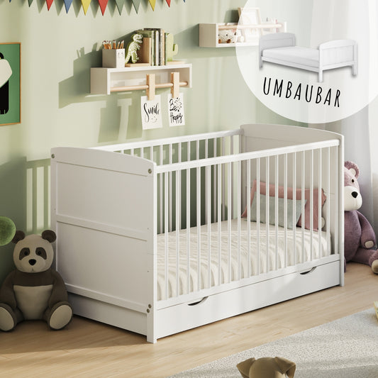 Babybett 60x120 und 70x140 cm mit Schublade und Matratzenoption, Gitterbett, Kinderbett, höhenverstellbar, herausnehmbare Sprossen | Weiß
