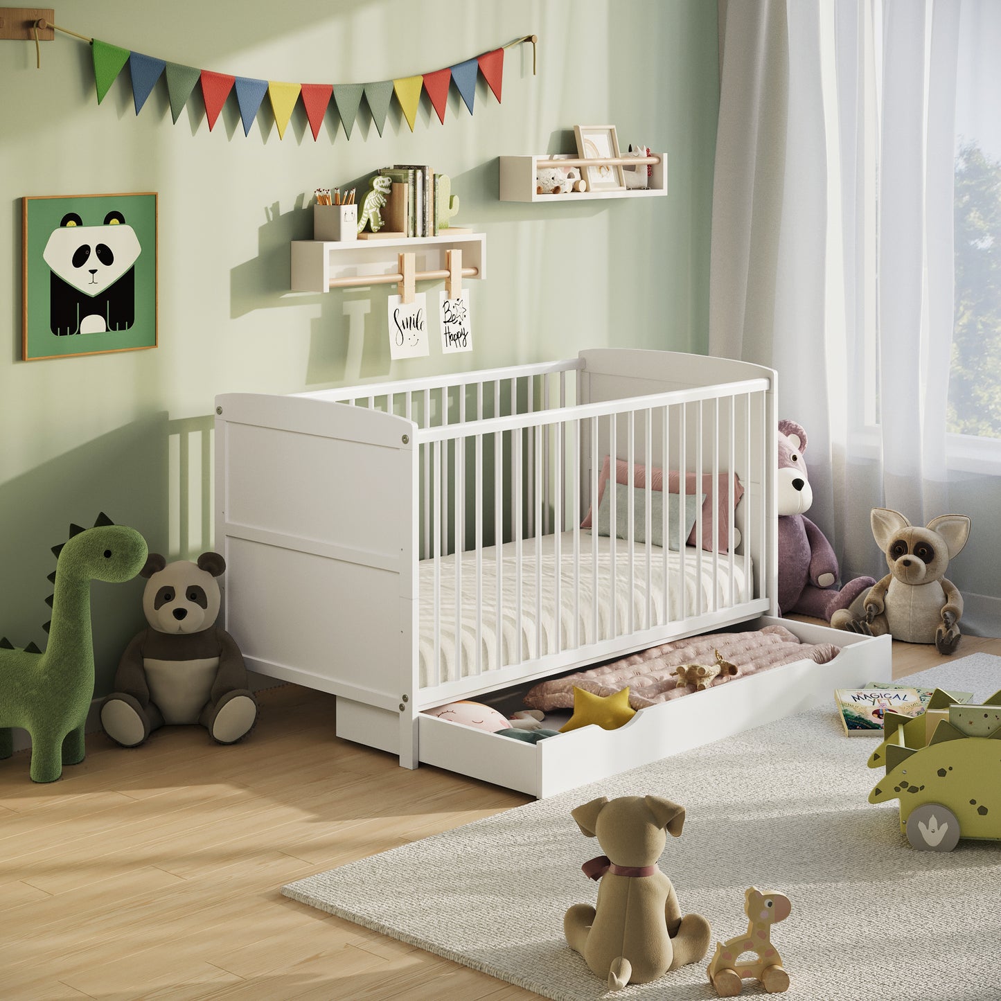 Babybett 60x120 und 70x140 cm mit Schublade und Matratzenoption, Gitterbett, Kinderbett, höhenverstellbar, herausnehmbare Sprossen | Weiß