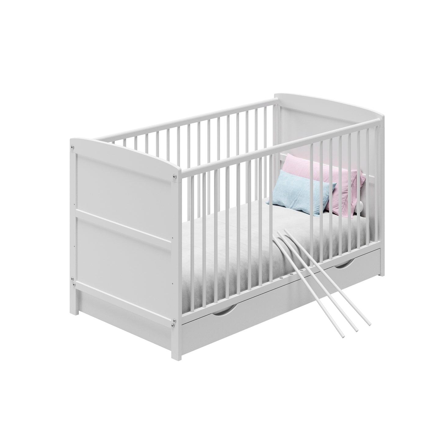 Babybett 60x120 und 70x140 mit Schublade, Gitterbett, Kinderbett, höhenverstellbar, drei abnehmbaren Schienen & herausnehmbare Sprossen optional mit Matratze | Weiß