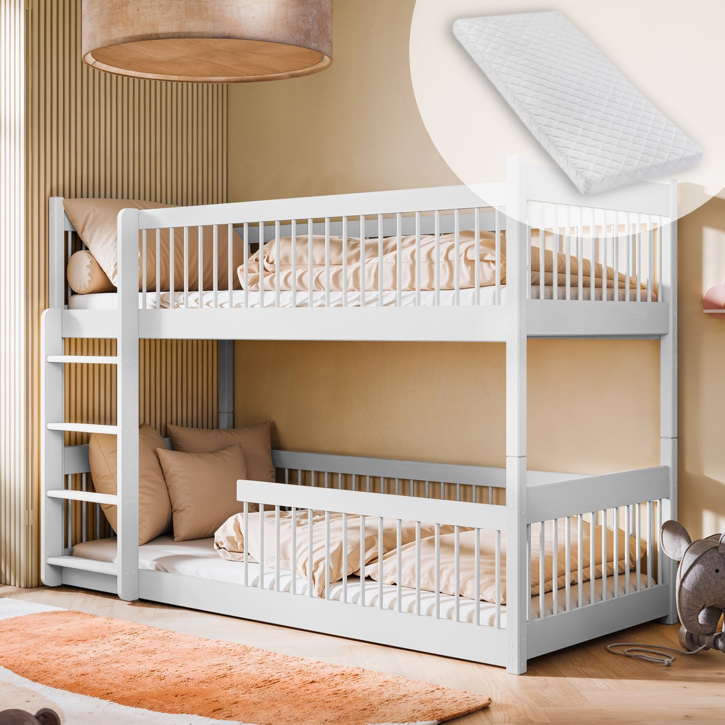 Hochbett Kinder, Etagenbett, Kinderbett | Massives Kiefernholz, abgerundete Kanten, umbaubar zu 2 Betten, optional mit 2 Matratzen | Größen: 80x180, 90x190, 90x200 cm