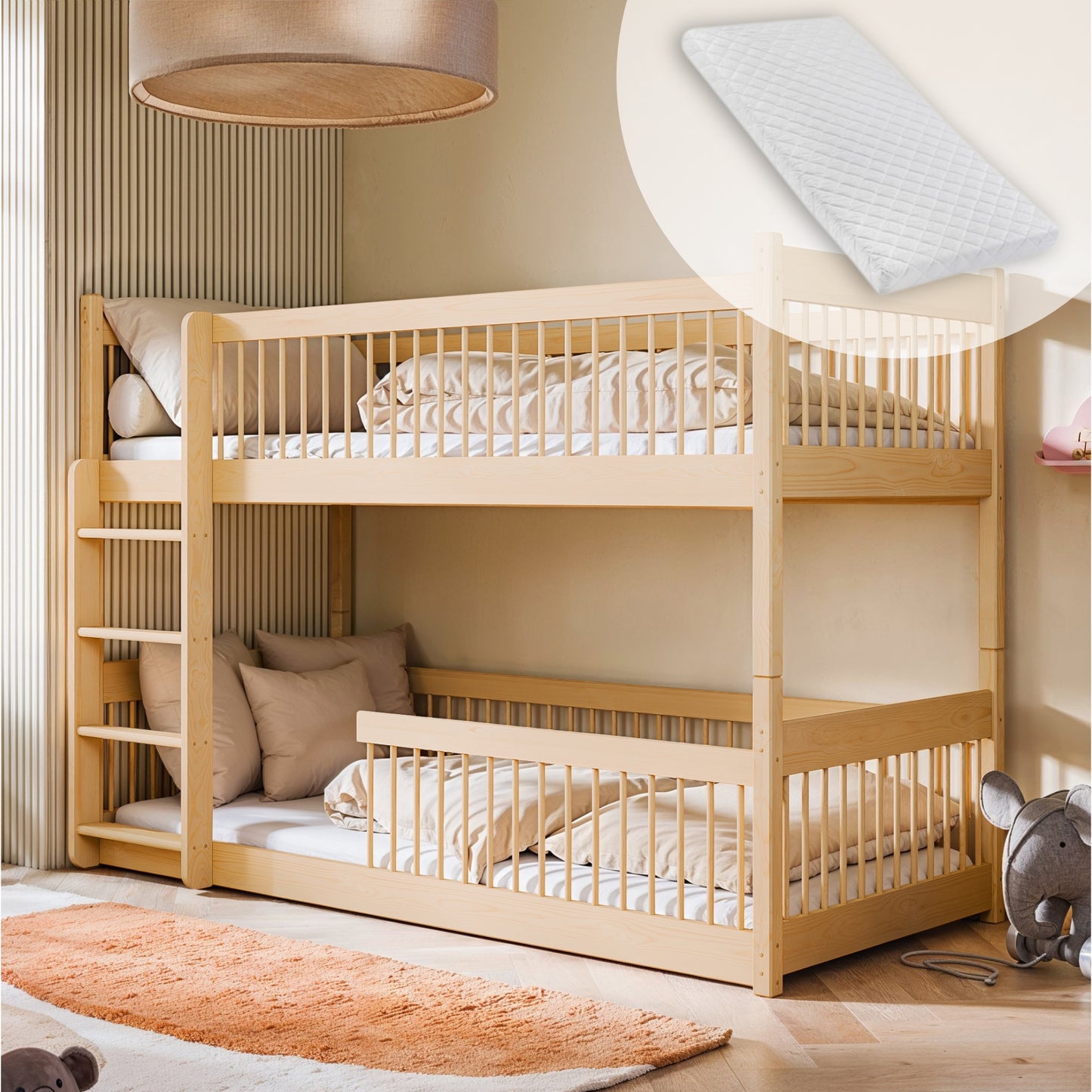 Hochbett Kinder, Etagenbett, Kinderbett | Massives Kiefernholz, abgerundete Kanten, umbaubar zu 2 Betten, optional mit 2 Matratzen | Größen: 80x180, 90x190, 90x200 cm
