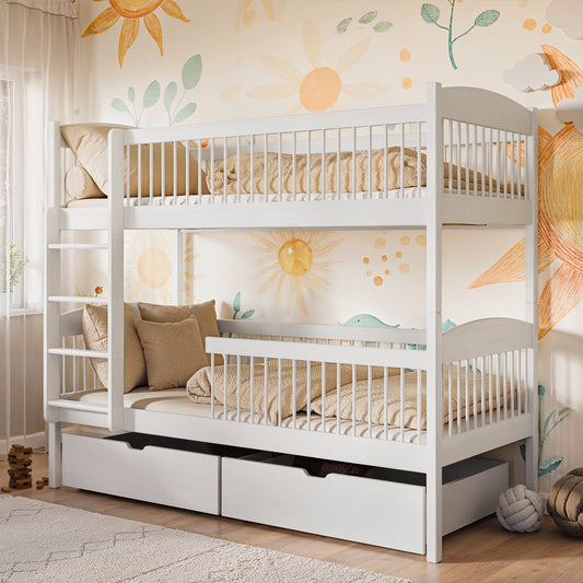 Hochbett Kinder, Etagenbett, Kinderbett | Massives Kiefernholz, 2 Schubladen, sicher & funktional | Größen: 80x180, 90x190, 90x200 cm