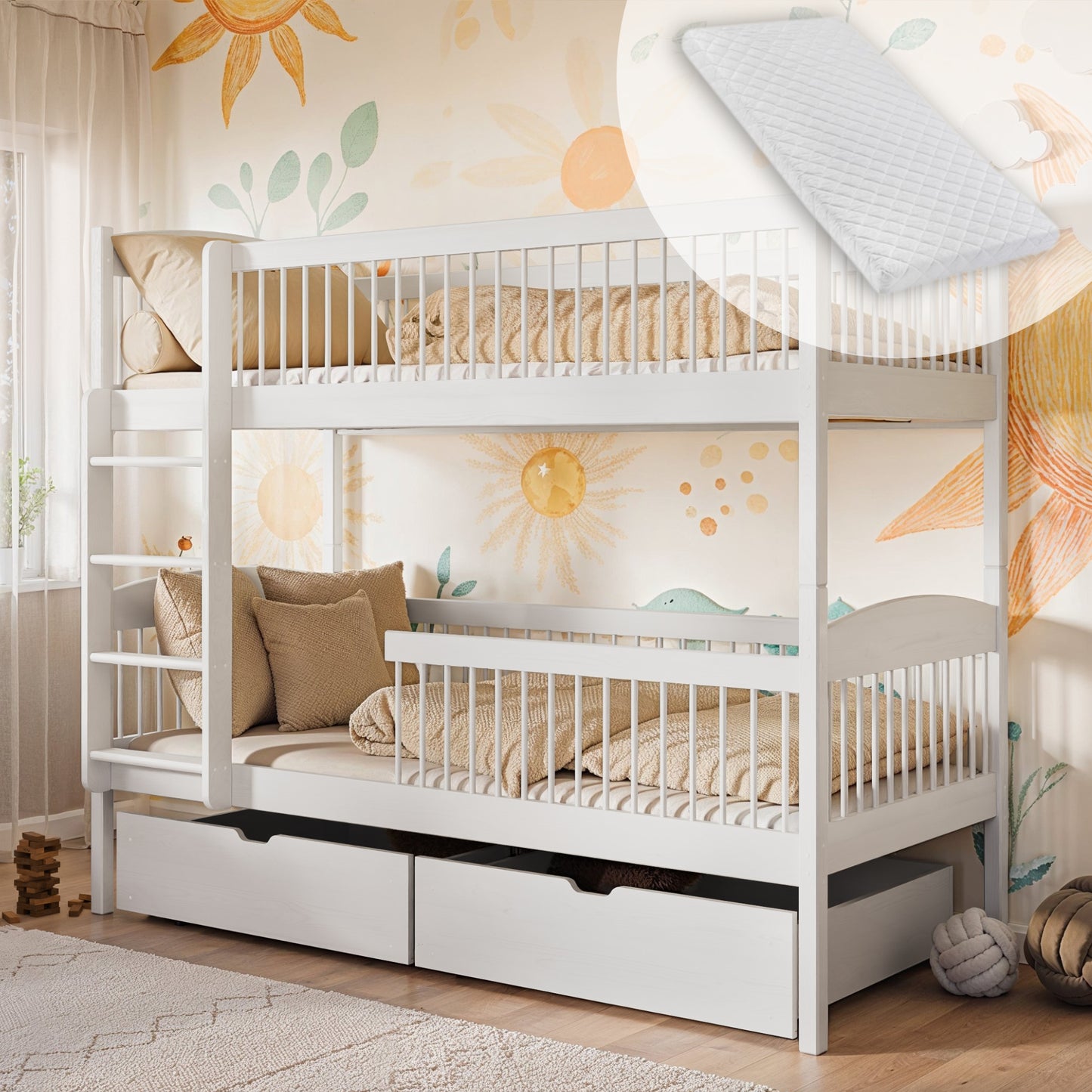 Hochbett Kinder, Etagenbett, Kinderbett | Massives Kiefernholz, 2 Schubladen, sicher & funktional | Größen: 80x180, 90x190, 90x200 cm