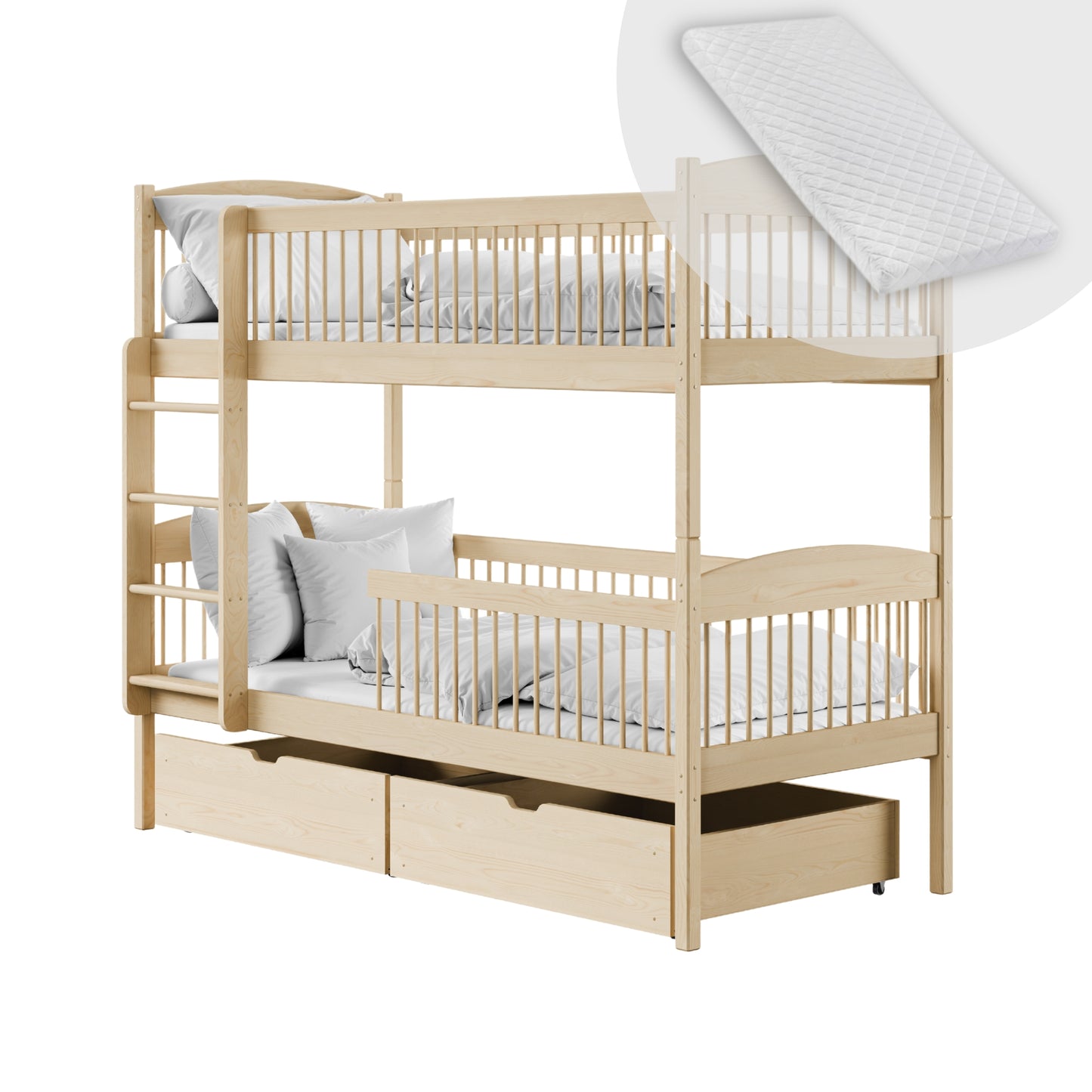 Hochbett Kinder, Etagenbett, Kinderbett | Massives Kiefernholz, 2 Schubladen, sicher & funktional | Größen: 80x180, 90x190, 90x200 cm