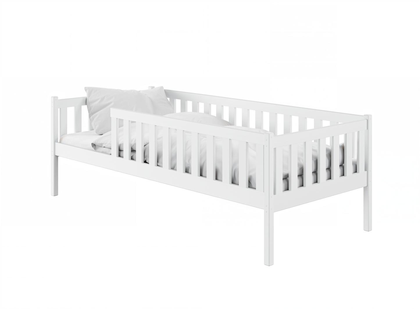 Kinderbett mit Rausfallschutz, Lattenrost und optionaler Matratze, Kinder Bett | sicher & stabil | weitere Größen: 80x160, 80x180, 90x190, 90x200 cm | erhältlich in weiß und natur | mit optionalem Ausziehbett und optionalem zwei Schubladen