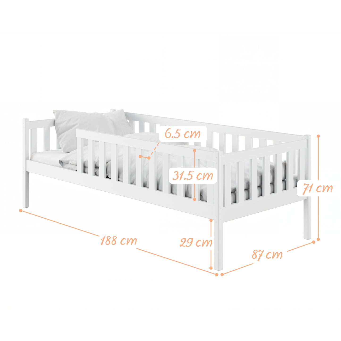 Kinderbett mit Rausfallschutz, Lattenrost und optionaler Matratze, Kinder Bett | sicher & stabil | weitere Größen: 80x160, 80x180, 90x190, 90x200 cm | erhältlich in weiß und natur | mit optionalem Ausziehbett und optionalem zwei Schubladen