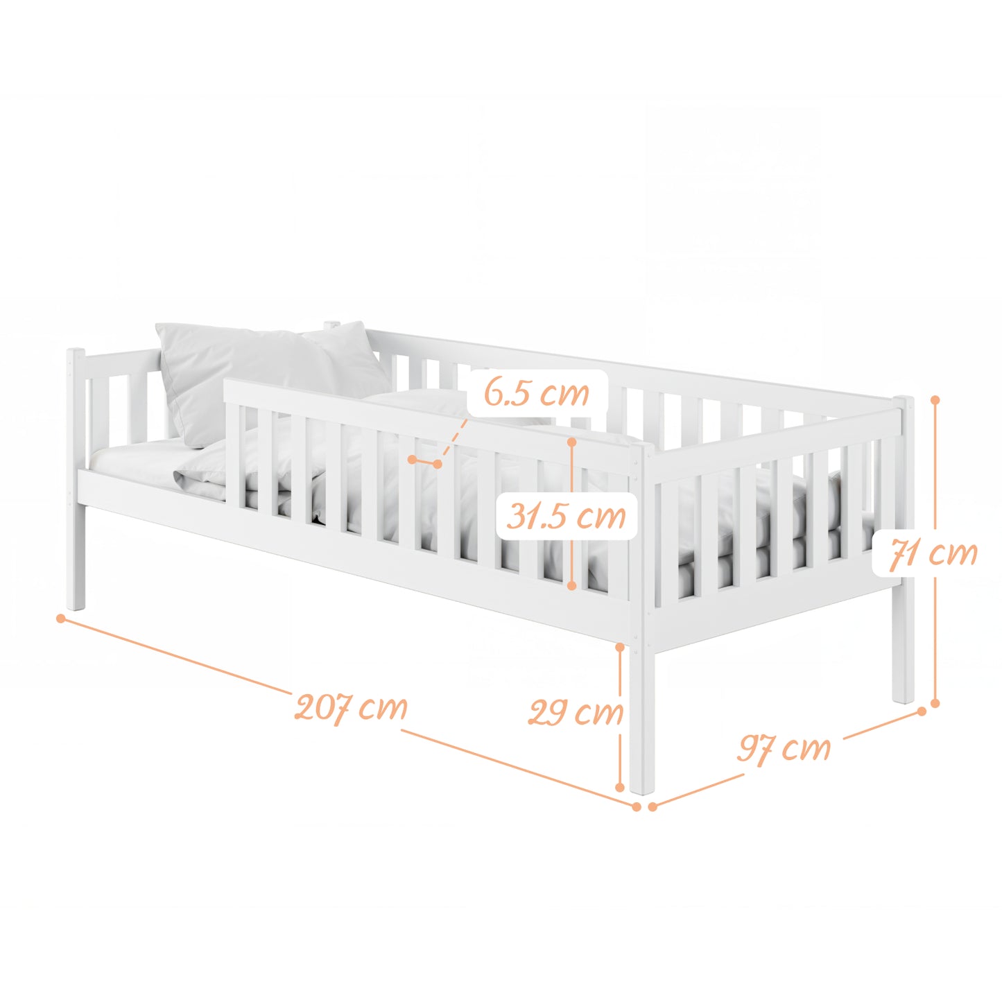 Kinderbett mit Rausfallschutz, Lattenrost und optionaler Matratze, Kinder Bett | sicher & stabil | weitere Größen: 80x160, 80x180, 90x190, 90x200 cm | erhältlich in weiß und natur | mit optionalem Ausziehbett und optionalem zwei Schubladen