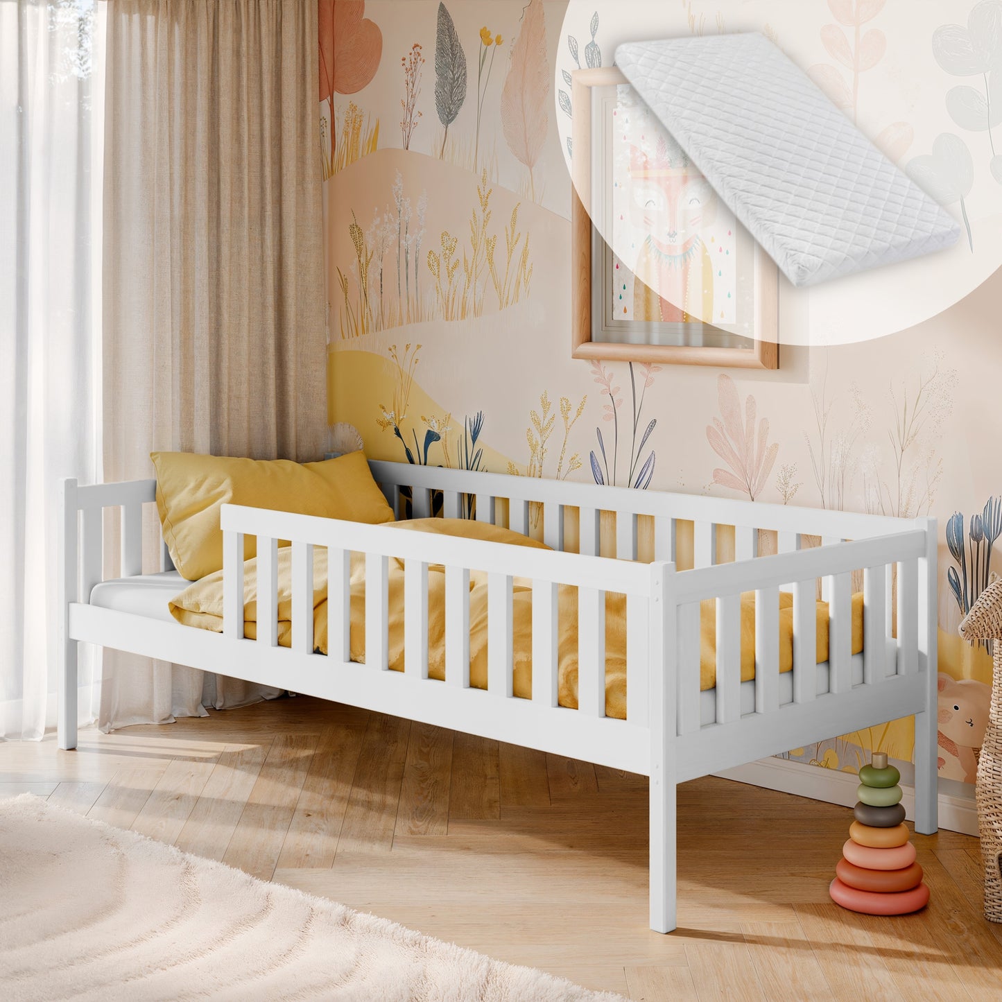 Kinderbett mit Rausfallschutz, Lattenrost und optionaler Matratze, Kinder Bett | sicher & stabil | weitere Größen: 80x160, 80x180, 90x190, 90x200 cm | erhältlich in weiß und natur | mit optionalem Ausziehbett und optionalem zwei Schubladen