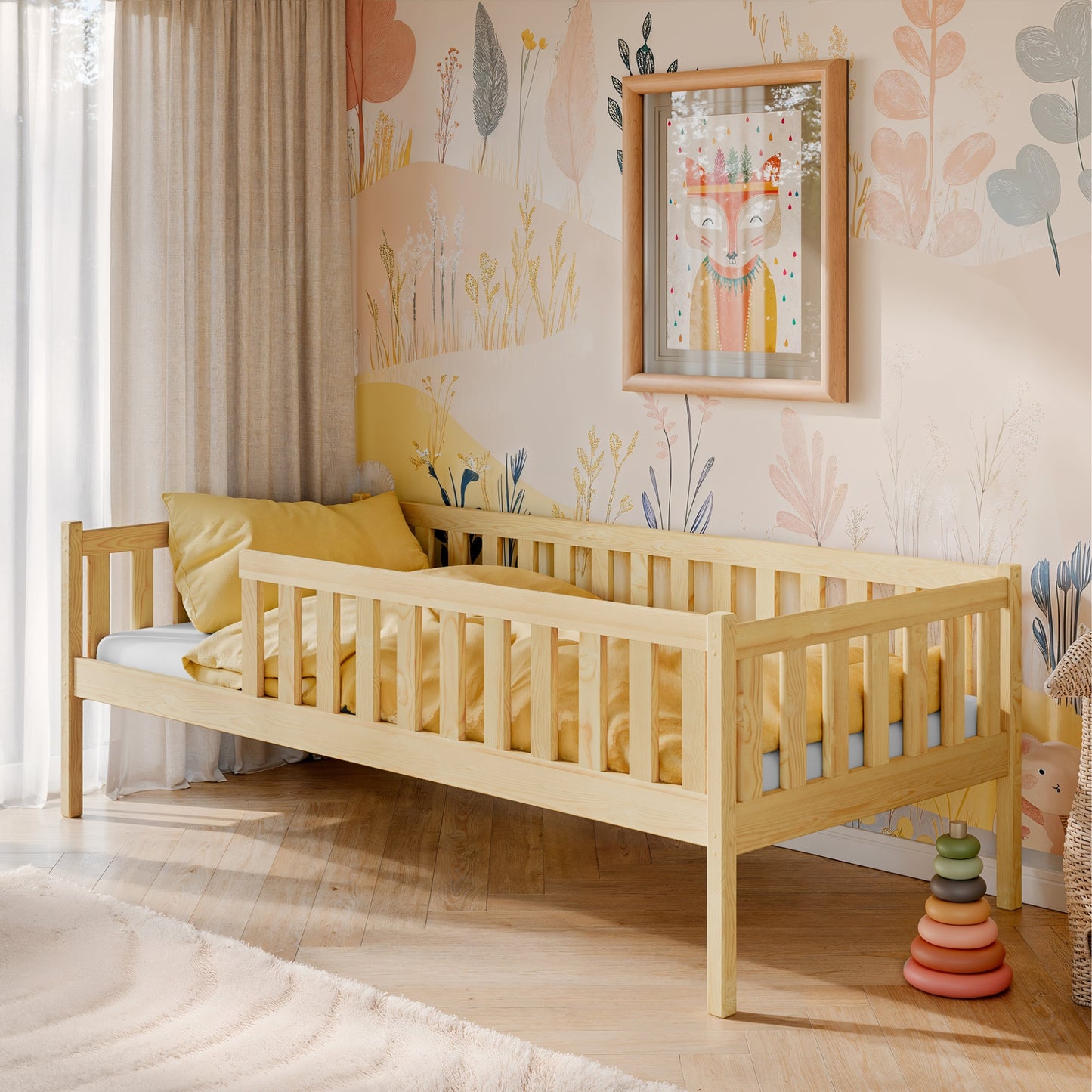 Kinderbett mit Rausfallschutz, Lattenrost und optionaler Matratze, Kinder Bett | sicher & stabil | weitere Größen: 80x160, 80x180, 90x190, 90x200 cm | erhältlich in weiß und natur | mit optionalem Ausziehbett und optionalem zwei Schubladen