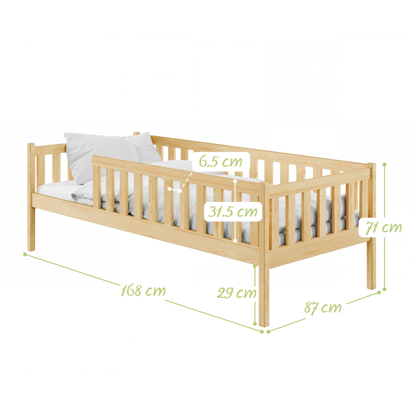 Kinderbett mit Rausfallschutz, Lattenrost und optionaler Matratze, Kinder Bett | sicher & stabil | weitere Größen: 80x160, 80x180, 90x190, 90x200 cm | erhältlich in weiß und natur | mit optionalem Ausziehbett und optionalem zwei Schubladen