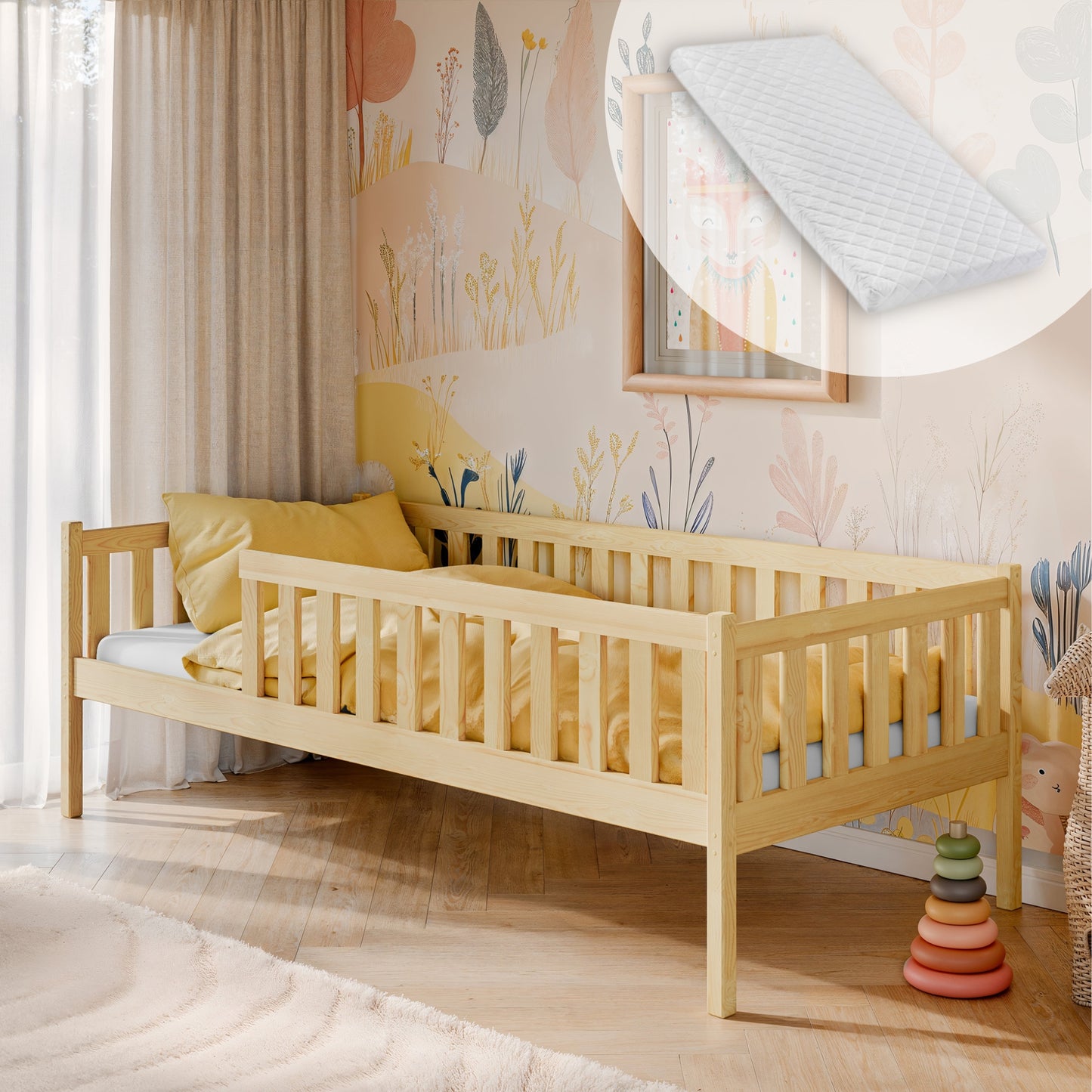 Kinderbett mit Rausfallschutz, Lattenrost und optionaler Matratze, Kinder Bett | sicher & stabil | weitere Größen: 80x160, 80x180, 90x190, 90x200 cm | erhältlich in weiß und natur | mit optionalem Ausziehbett und optionalem zwei Schubladen