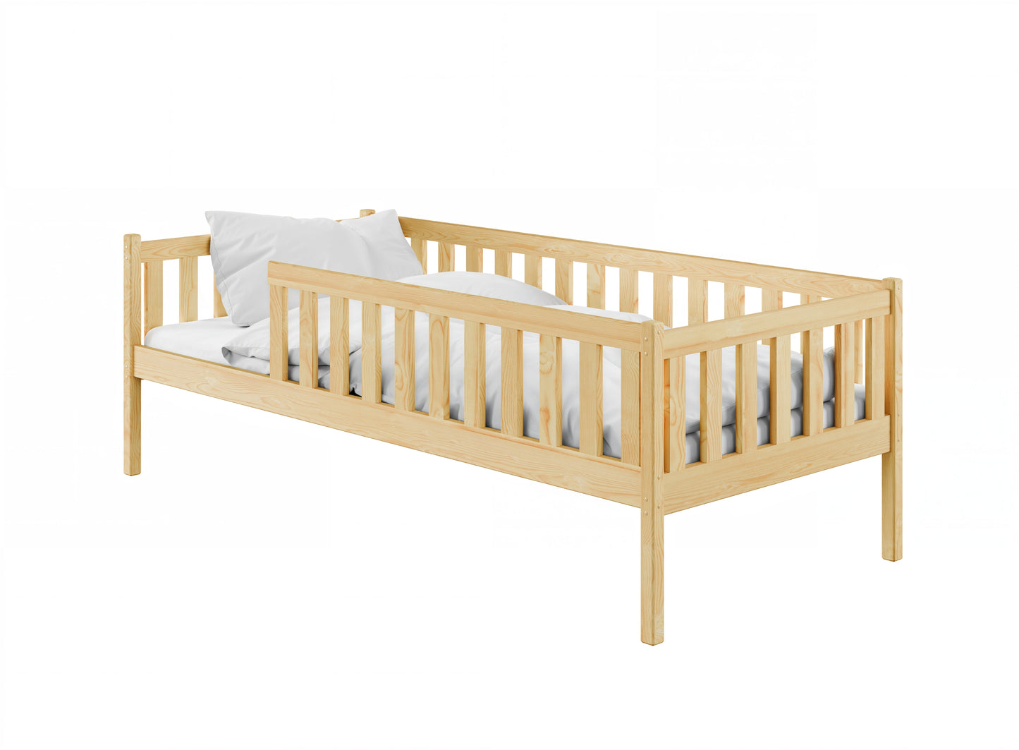 Kinderbett mit Rausfallschutz, Lattenrost und optionaler Matratze, Kinder Bett | sicher & stabil | weitere Größen: 80x160, 80x180, 90x190, 90x200 cm | erhältlich in weiß und natur | mit optionalem Ausziehbett und optionalem zwei Schubladen