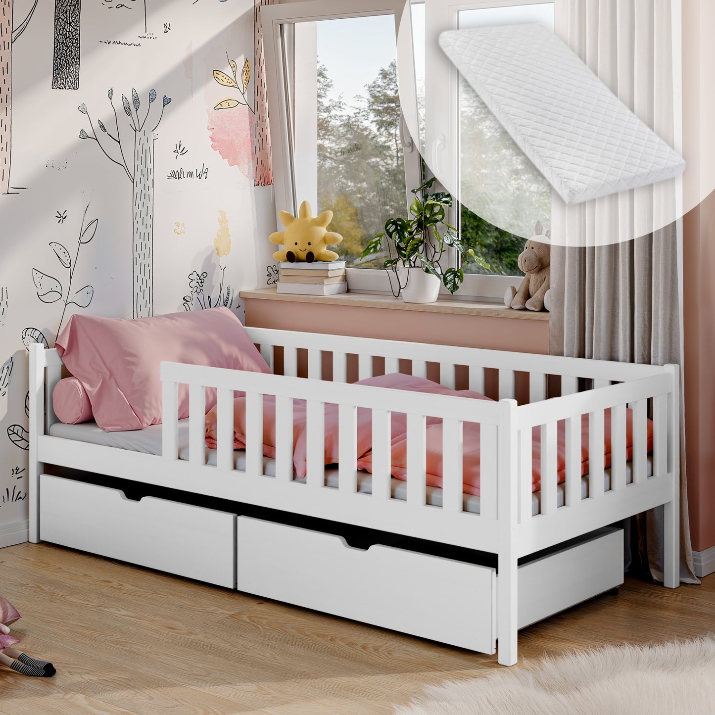 Kinderbett mit Rausfallschutz, Lattenrost und optionaler Matratze, Kinder Bett | sicher & stabil | weitere Größen: 80x160, 80x180, 90x190, 90x200 cm | erhältlich in weiß und natur | mit optionalem Ausziehbett und optionalem zwei Schubladen