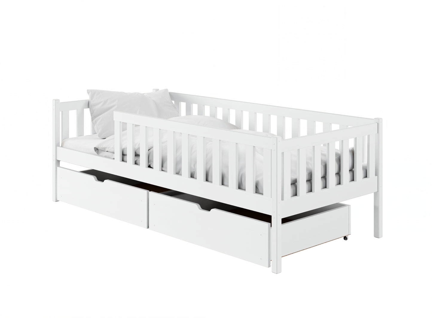 Kinderbett mit Rausfallschutz, Lattenrost und optionaler Matratze, Kinder Bett | sicher & stabil | weitere Größen: 80x160, 80x180, 90x190, 90x200 cm | erhältlich in weiß und natur | mit optionalem Ausziehbett und optionalem zwei Schubladen