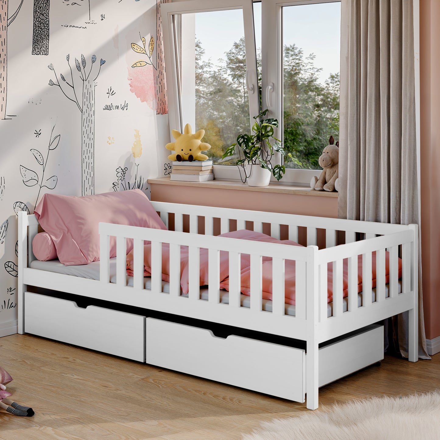Kinderbett mit Rausfallschutz, Lattenrost und optionaler Matratze, Kinder Bett | sicher & stabil | weitere Größen: 80x160, 80x180, 90x190, 90x200 cm | erhältlich in weiß und natur | mit optionalem Ausziehbett und optionalem zwei Schubladen