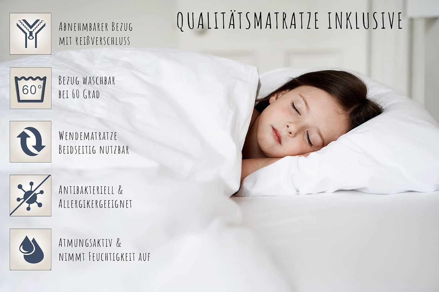 Kinderbett mit Rausfallschutz, Lattenrost und optionaler Matratze, Kinder Bett | sicher & stabil | weitere Größen: 80x160, 80x180, 90x190, 90x200 cm | erhältlich in weiß und natur | mit optionalem Ausziehbett und optionalem zwei Schubladen