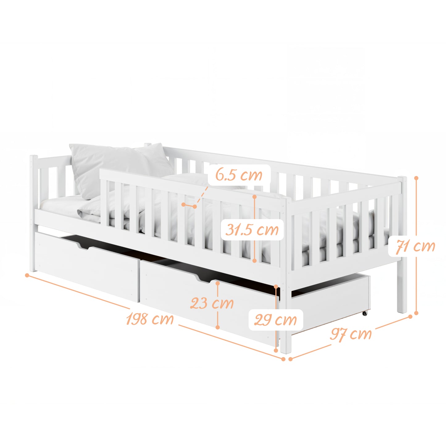 Kinderbett mit Rausfallschutz, Lattenrost und optionaler Matratze, Kinder Bett | sicher & stabil | weitere Größen: 80x160, 80x180, 90x190, 90x200 cm | erhältlich in weiß und natur | mit optionalem Ausziehbett und optionalem zwei Schubladen