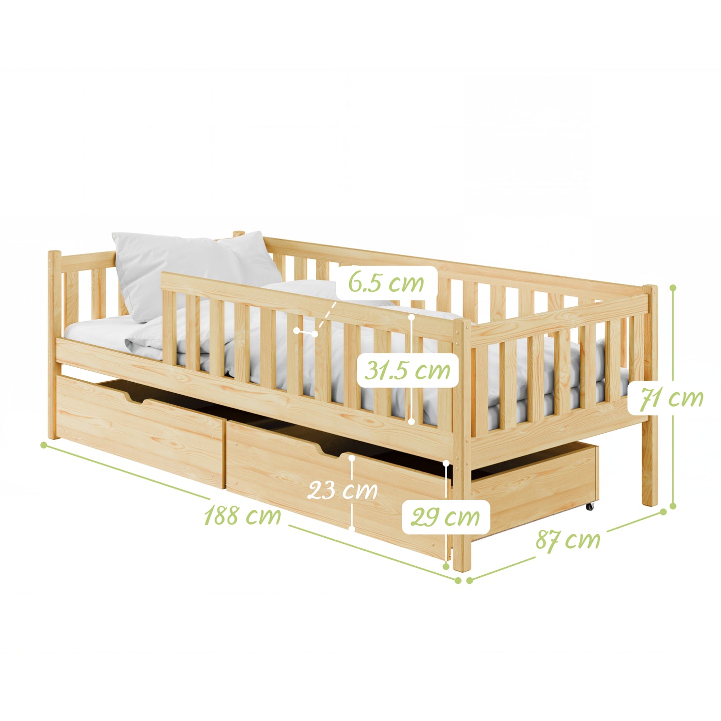 Kinderbett mit Rausfallschutz, Lattenrost und optionaler Matratze, Kinder Bett | sicher & stabil | weitere Größen: 80x160, 80x180, 90x190, 90x200 cm | erhältlich in weiß und natur | mit optionalem Ausziehbett und optionalem zwei Schubladen