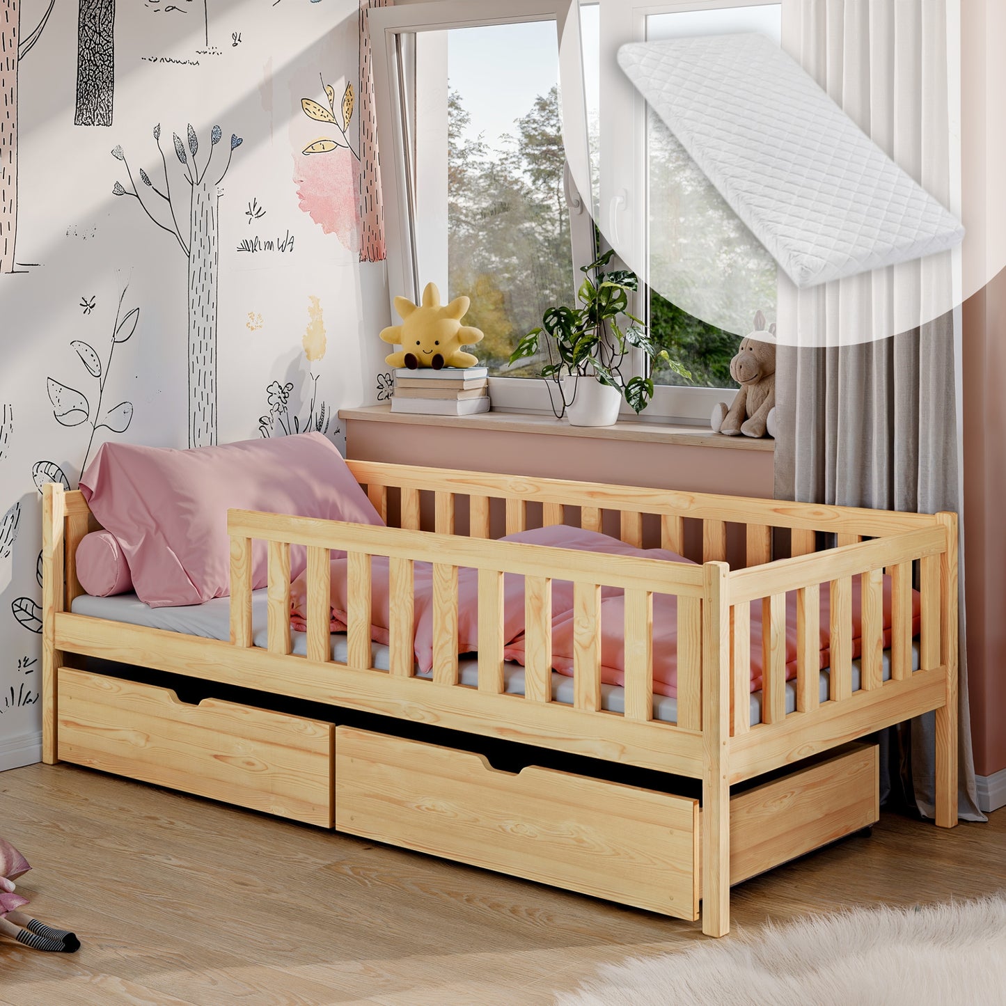 Kinderbett mit Rausfallschutz, Lattenrost und optionaler Matratze, Kinder Bett | sicher & stabil | weitere Größen: 80x160, 80x180, 90x190, 90x200 cm | erhältlich in weiß und natur | mit optionalem Ausziehbett und optionalem zwei Schubladen