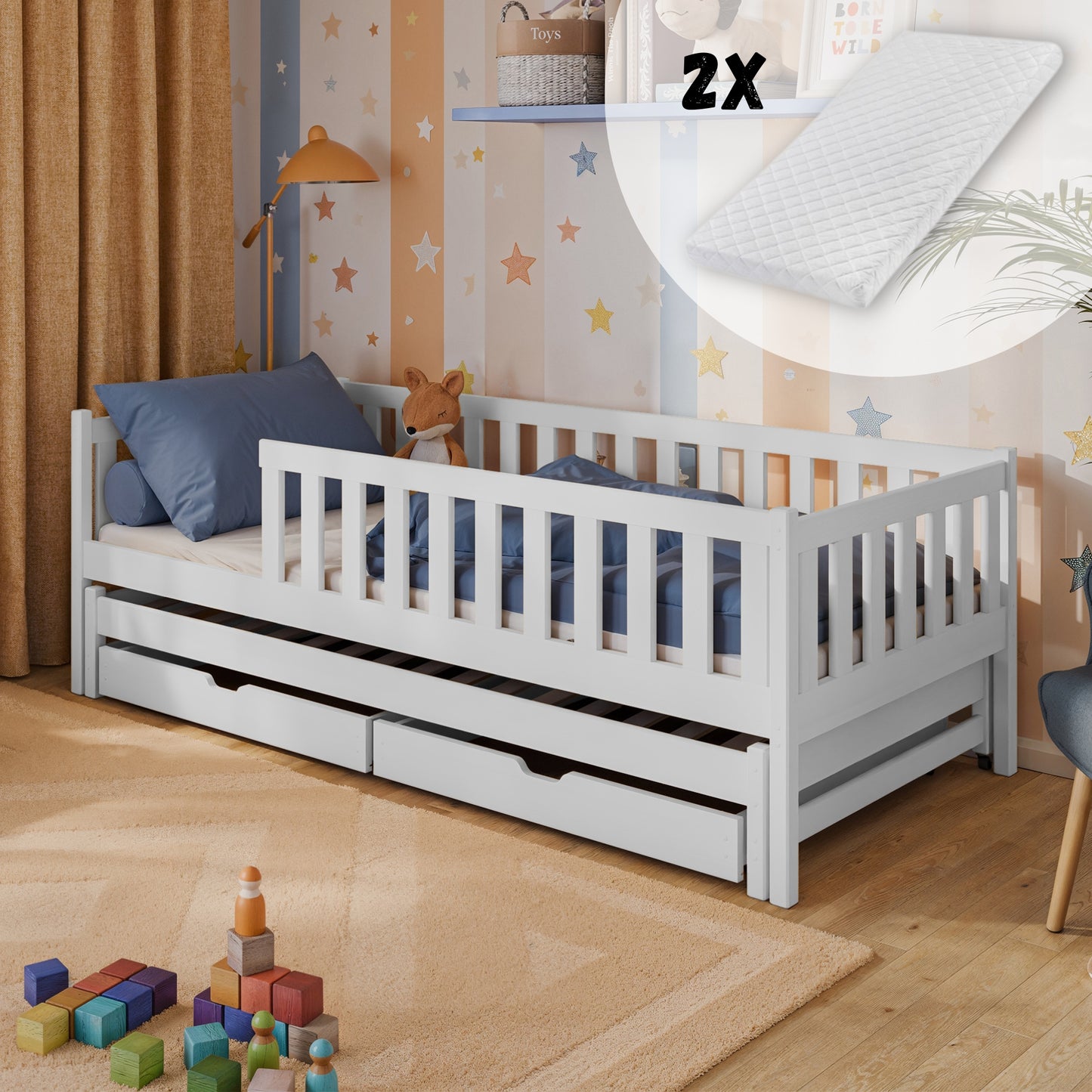 Kinderbett mit Rausfallschutz, Lattenrost und optionaler Matratze, Kinder Bett | sicher & stabil | weitere Größen: 80x160, 80x180, 90x190, 90x200 cm | erhältlich in weiß und natur | mit optionalem Ausziehbett und optionalem zwei Schubladen