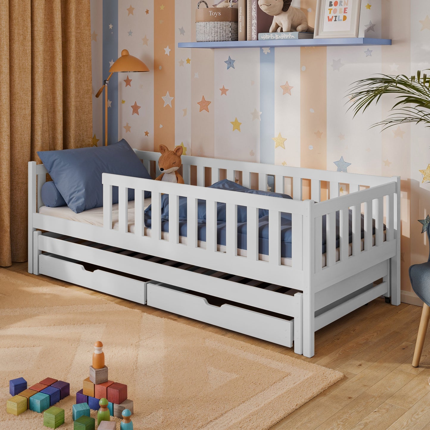 Kinderbett mit Rausfallschutz, Lattenrost und optionaler Matratze, Kinder Bett | sicher & stabil | weitere Größen: 80x160, 80x180, 90x190, 90x200 cm | erhältlich in weiß und natur | mit optionalem Ausziehbett und optionalem zwei Schubladen